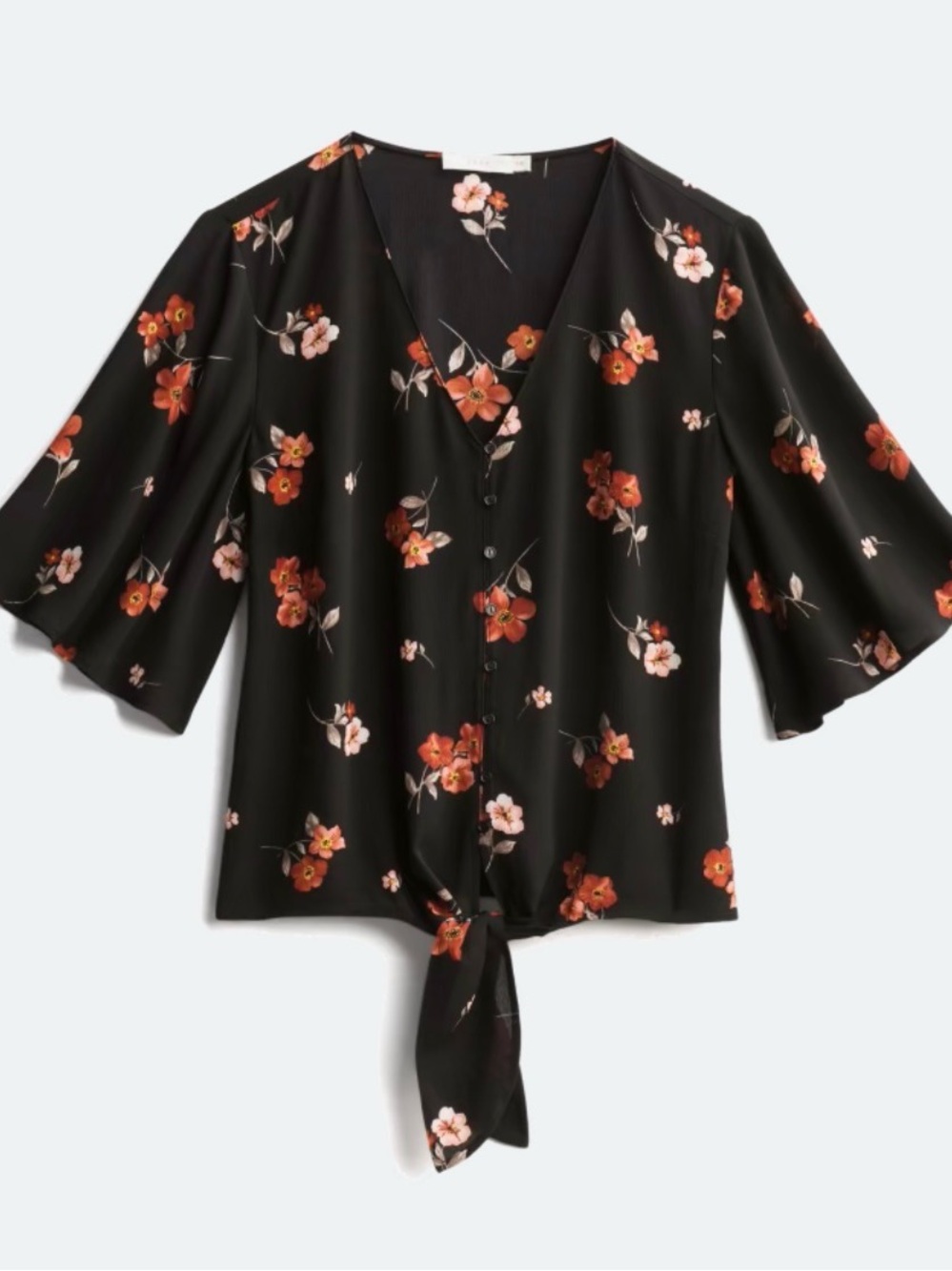 Lush Black Floral Tie-Front Blouse with Coral Accents